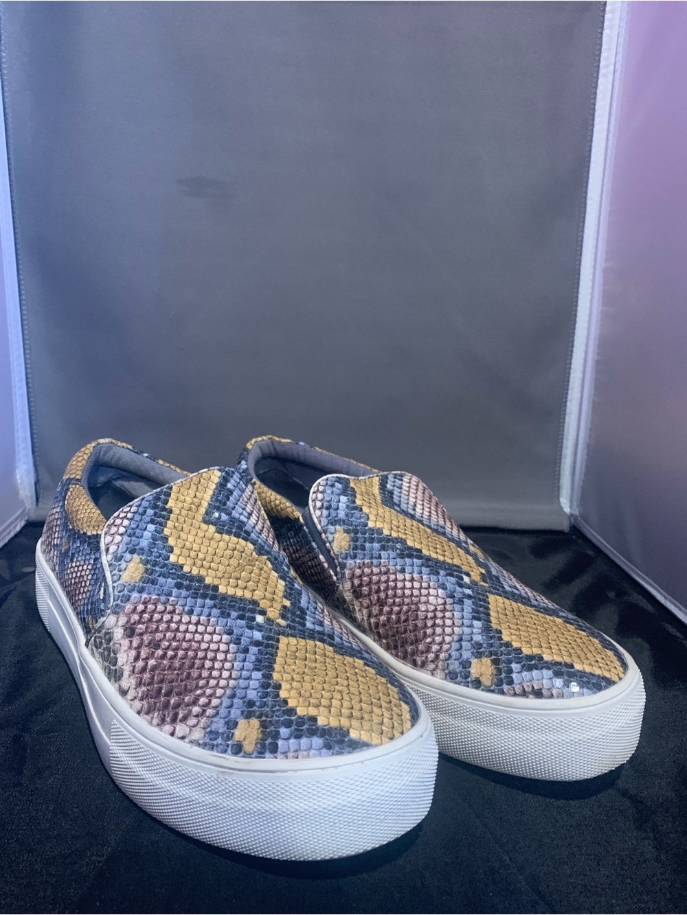 Women’s Steve Madden Gills Slip-On Platform Sneakers in Yellow Blue Snake Print